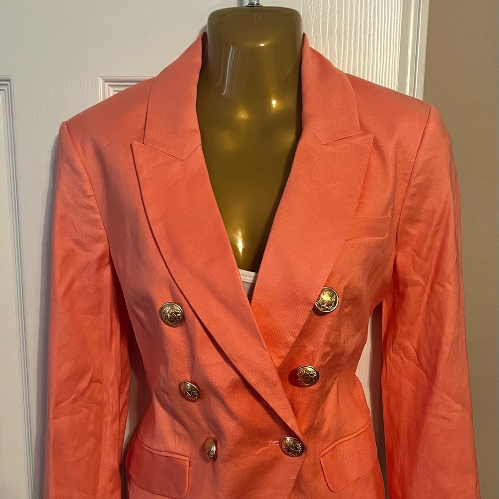 Express peach blazer with military gold buttons